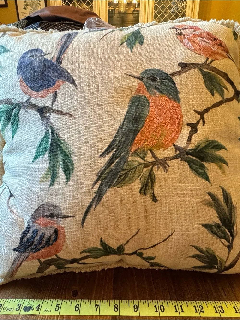 Source Unknown Cream Throw Pillow with Colorful Bird Print and Fringe